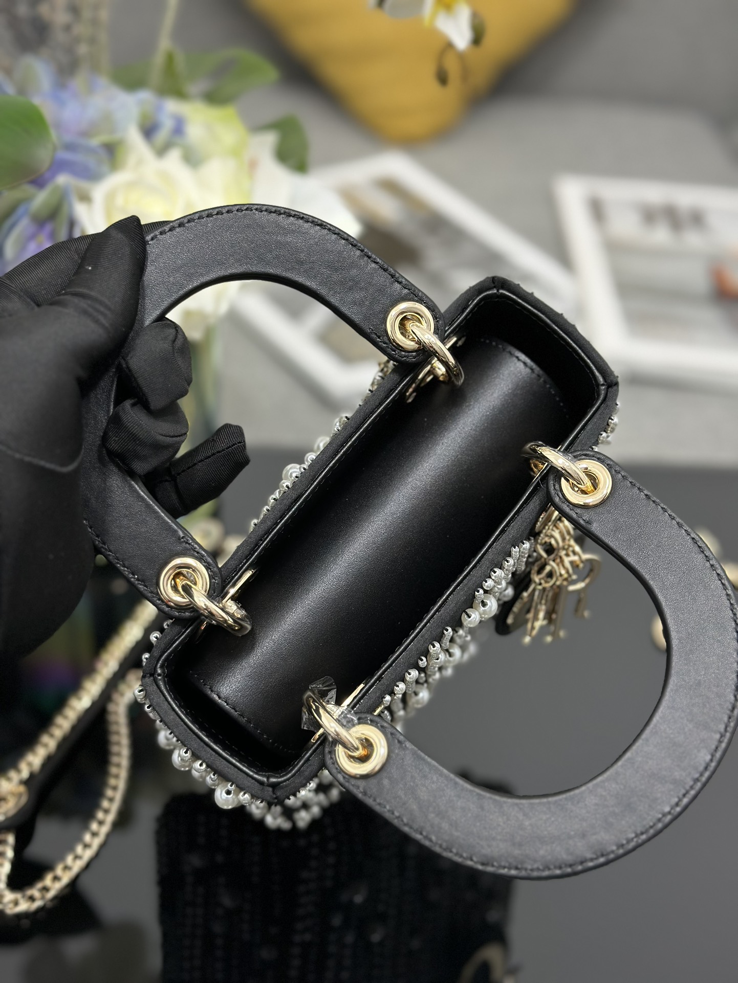 Mini Lady Dior Bag Black Satin Embroidered with White Resin Pearls